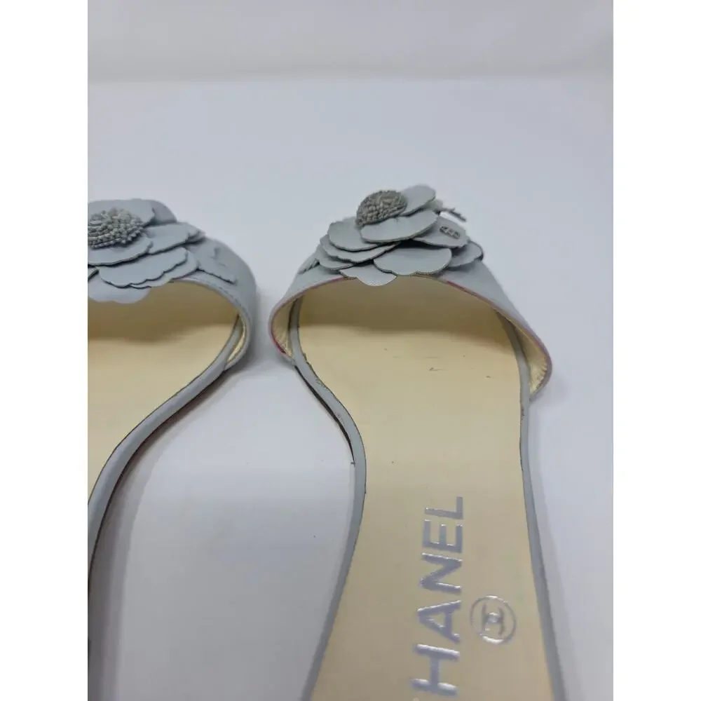 Chanel Camellia Flower CC Logo Sandals Blue Gray Day Leather Slides 36 US 5.5